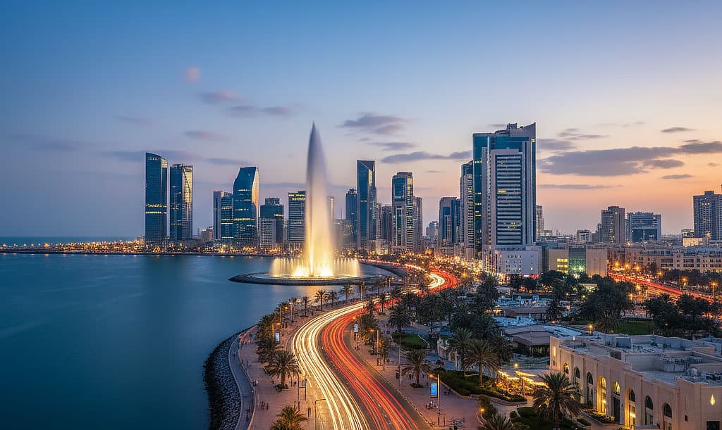 Waterfront skyline at dusk with fountain and city lights